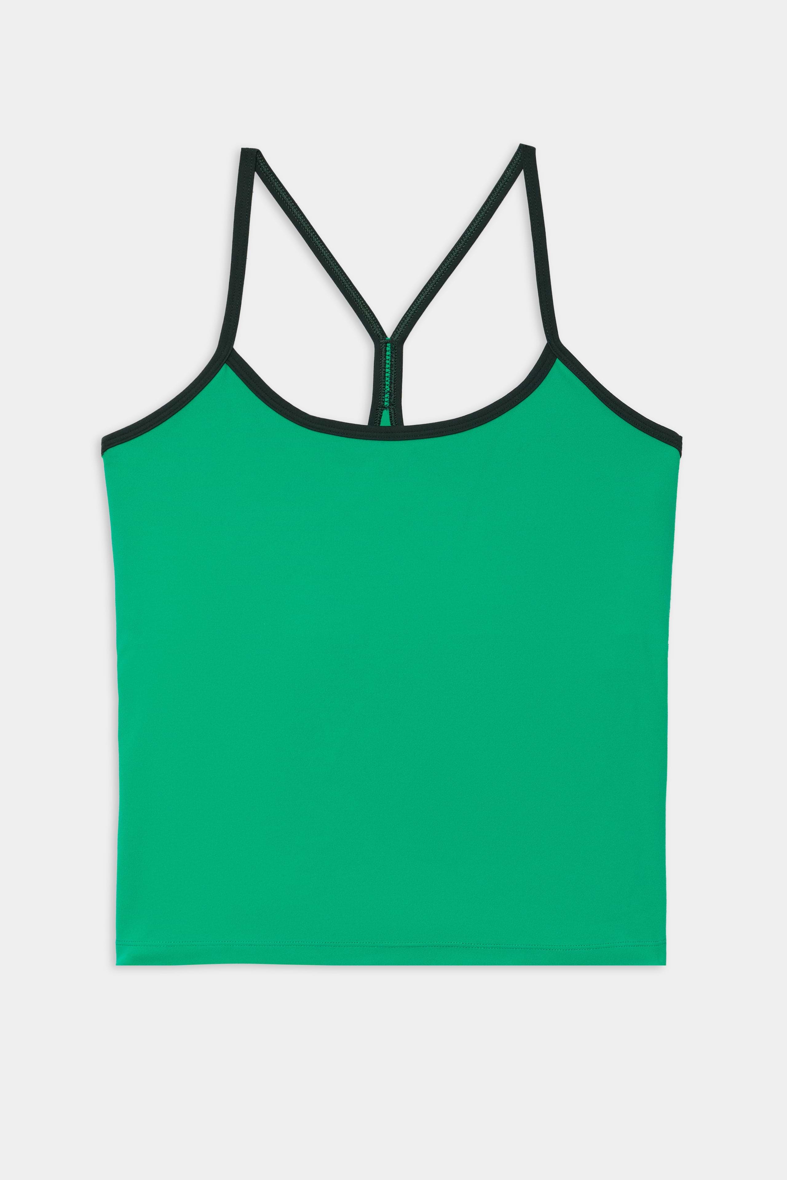 The SPLITS59 Airweight Tank in Spearmint/Military features black spaghetti straps and trim, crafted from stretchy nylon spandex for comfortable activewear, shown on a white background.