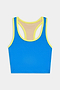 The SPLITS59 Amber Airweight Bralette in Classic Blue/Ray features a racerback design and yellow trim, crafted from Airweight performance fabric for hot yoga, shown on a plain white background.