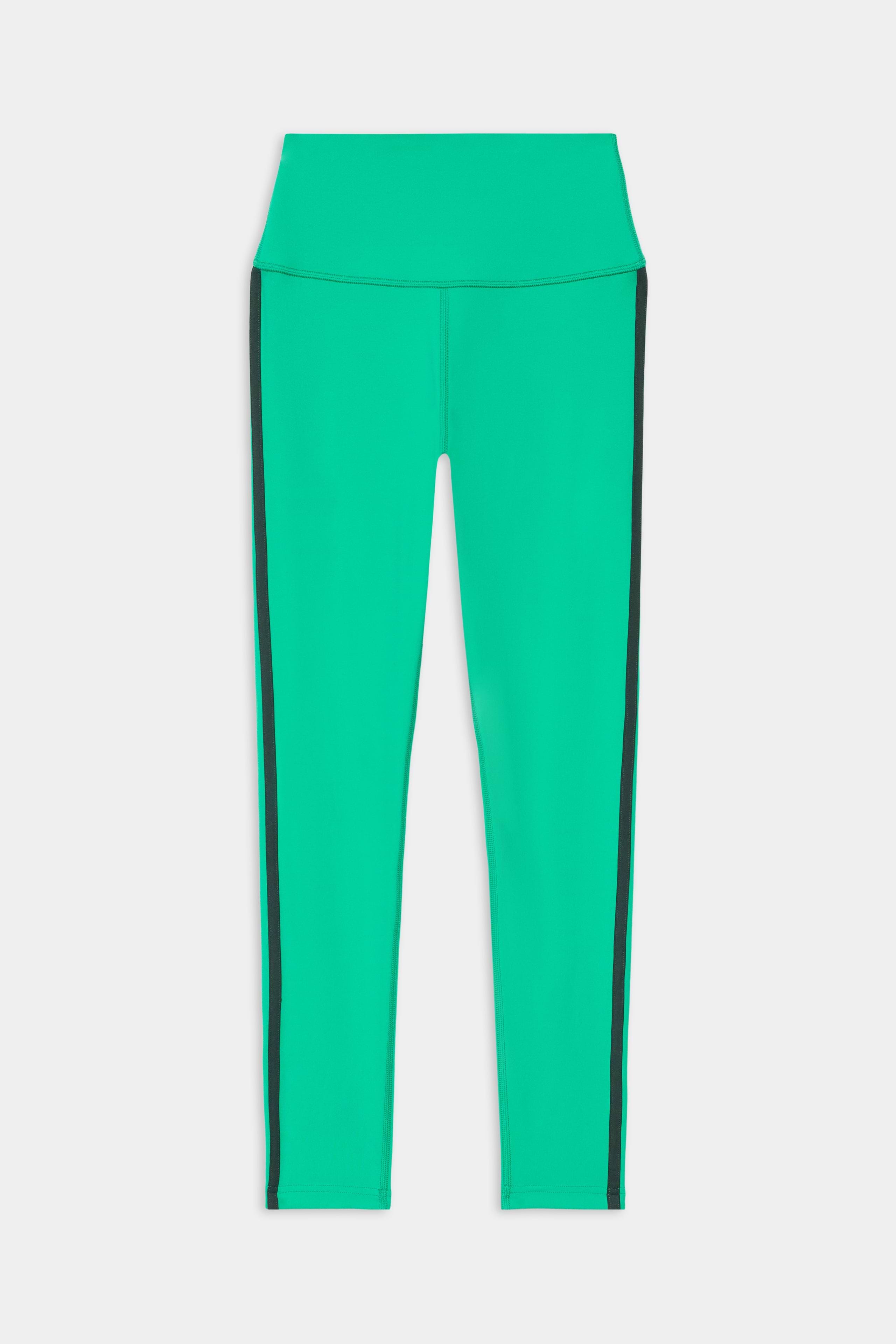 The SPLITS59 Amber Airweight High Waist 7/8 leggings in Spearmint/Military feature a bright green nylon-spandex blend, high waistband, and black vertical side stripes, shown against a plain white background.