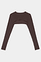 The SPLITS59 Amelia Airweight Lite Shrug in Dark Chocolate is a long-sleeve, cropped top with an open front and crew neckline, shown laid flat on a white background.