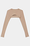 The SPLITS59 Amelia Airweight Lite Shrug in Latte is a beige, long-sleeve cropped bolero with thumb holes, ideal as a yoga or dance warmup shrug. Shown flat on a white background.