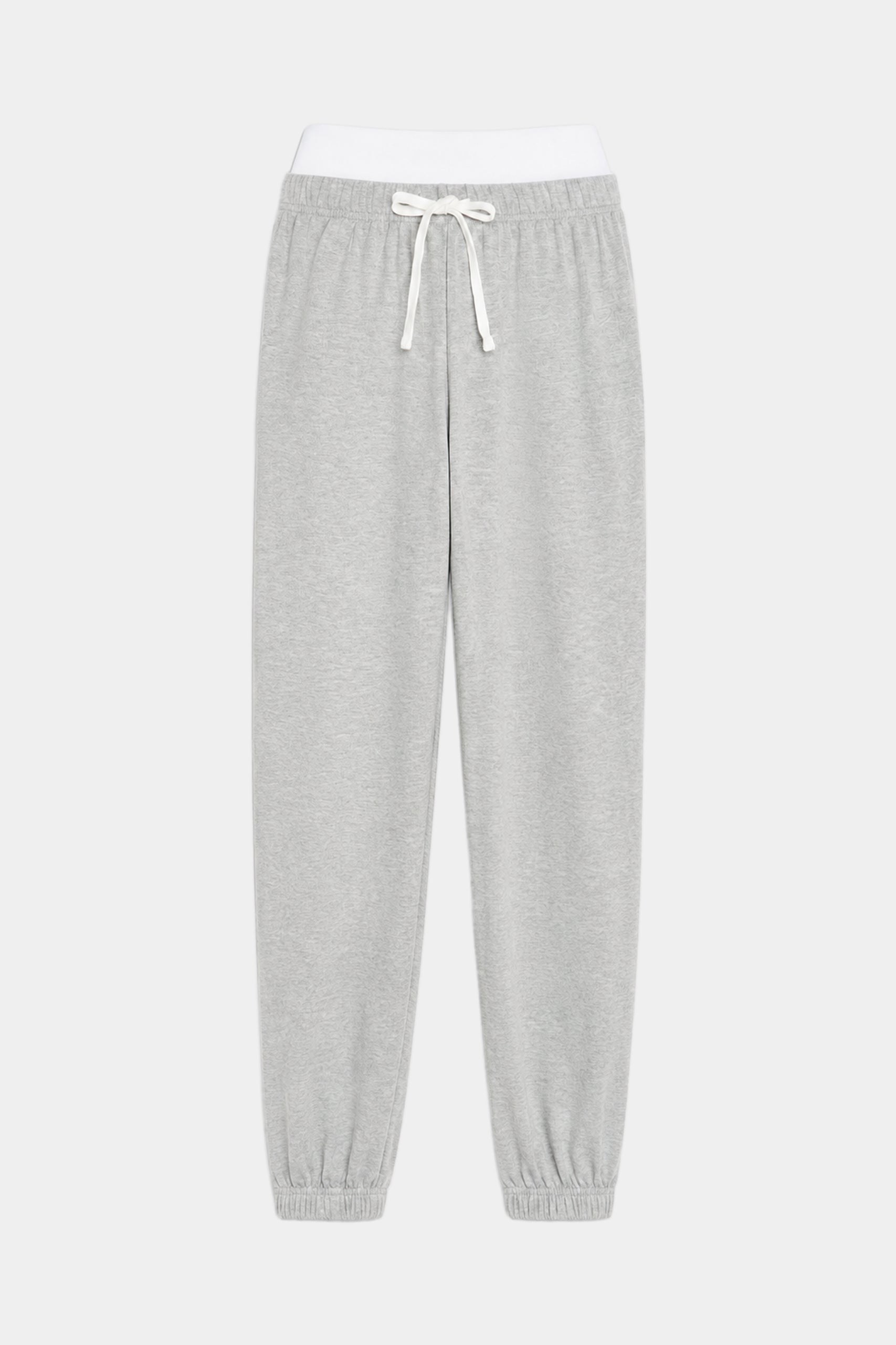 The SPLITS59 Andie Dual Waist Sweatpant in Heather Grey/White features a soft modal spandex blend, white elastic waistband, white drawstring, and elastic cuffs, shown laid flat on a plain background.