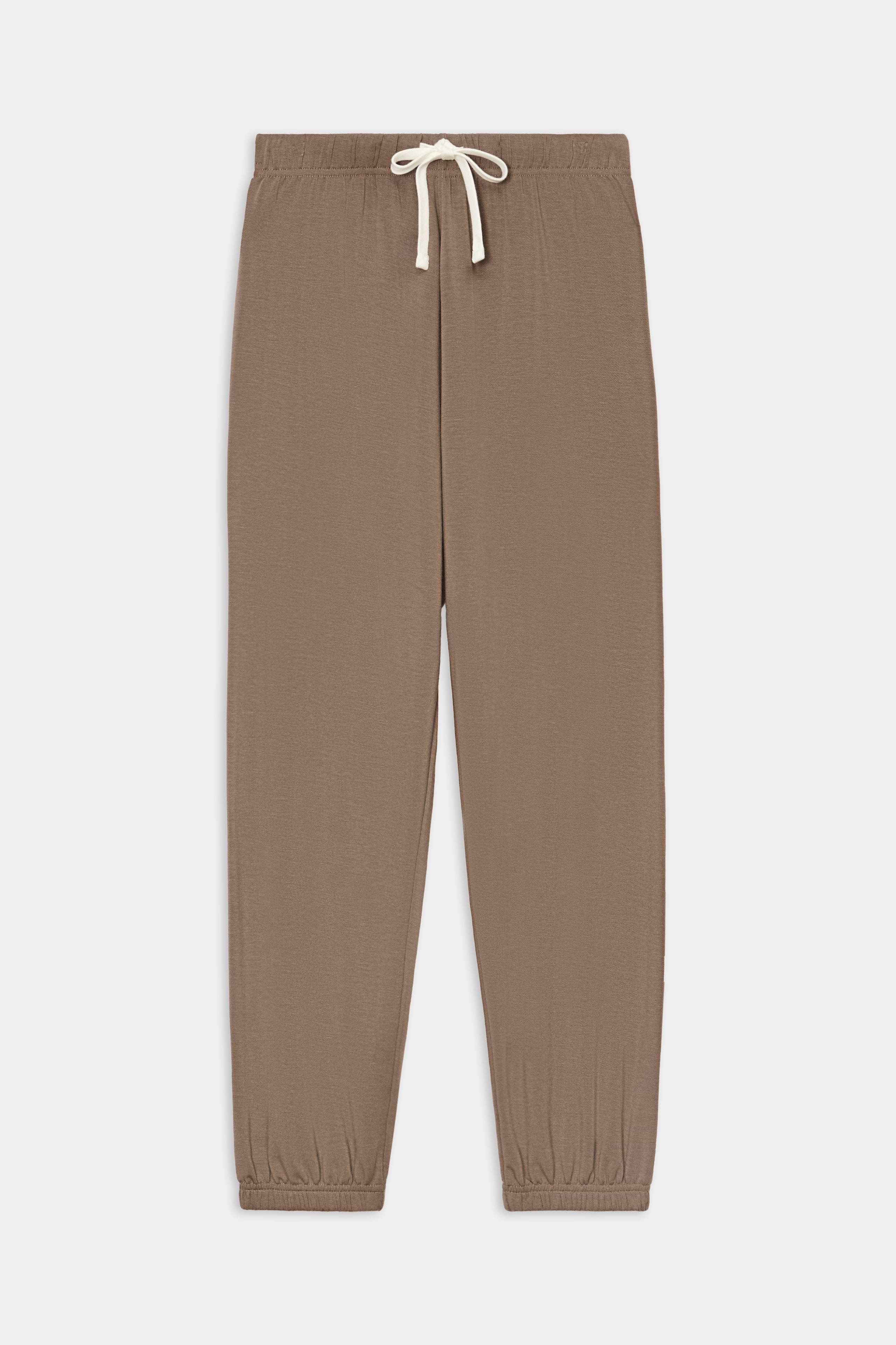 The SPLITS59 Andie Oversized Fleece Sweatpant in Lentil, featuring an elastic waistband and cuffs, is crafted from a comfortable modal spandex blend and displayed flat on a white background.