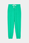 The SPLITS59 Andie Oversized Fleece Sweatpant in Spearmint features a cozy spandex blend, elastic waistband with a white drawstring, and elastic cuffs, shown laid flat on a white background.