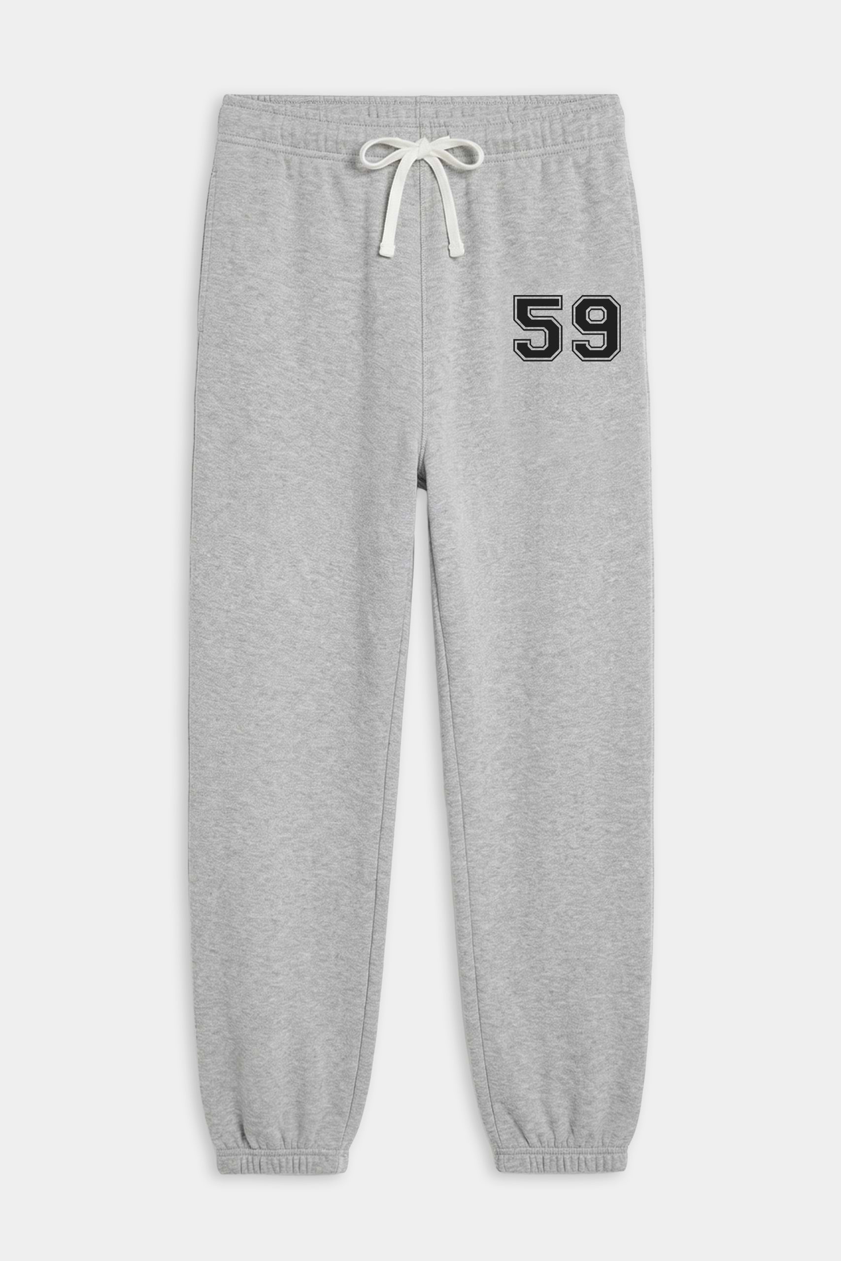 The SPLITS59 Andie Oversized Fleece Varsity 59 Sweatpant in heather grey features an elastic waistband, white drawstring, and black "59" print on the left thigh for an ultra luxe look.