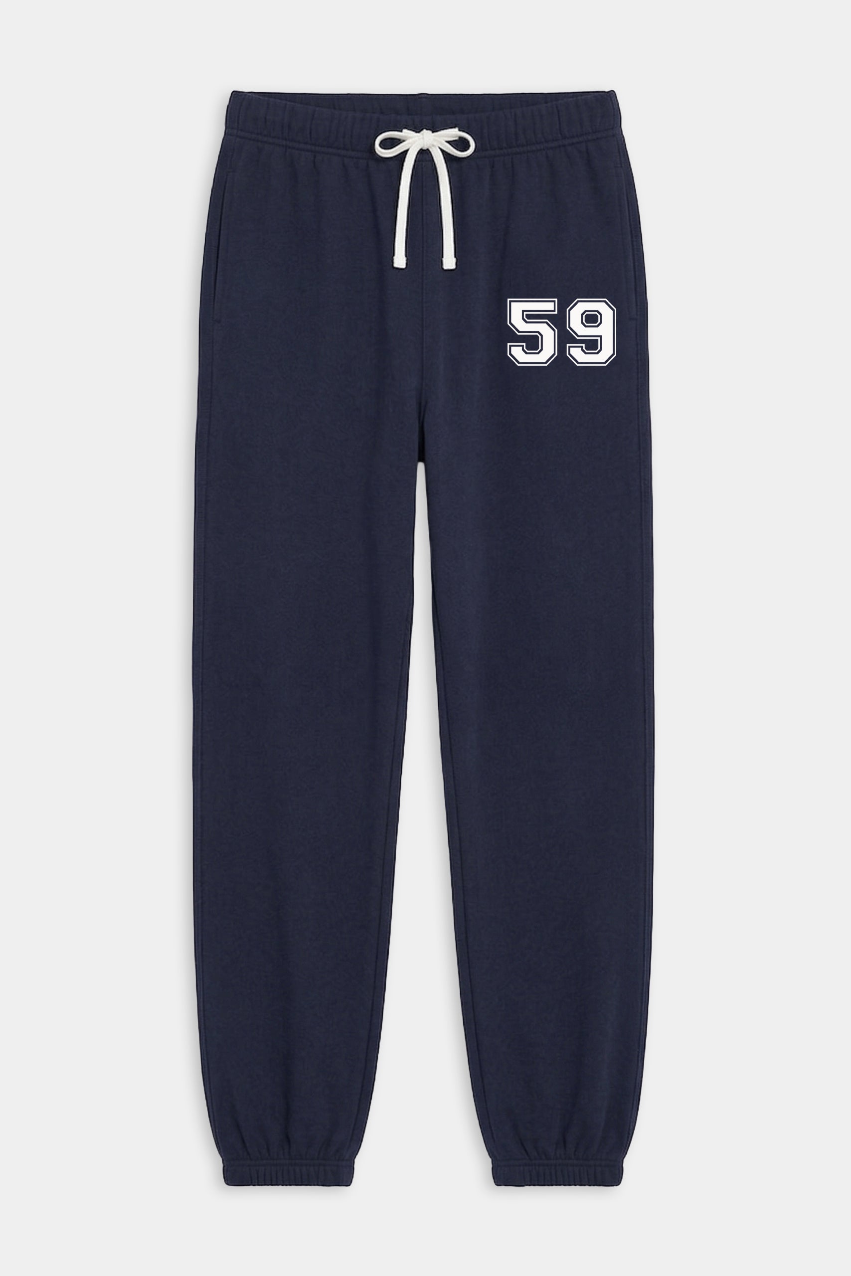 The SPLITS59 Andie Oversized Fleece Varsity 59 Sweatpant in Indigo features elastic cuffs, a white drawstring, side pockets, and "59" on the left thigh. Made in Los Angeles.