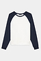 The SPLITS59 Andie Oversized Colorblock Fleece in Indigo/White features white front and back panels with dark navy raglan sleeves and collar, crafted from a soft modal spandex blend, shown laid flat on a white background.