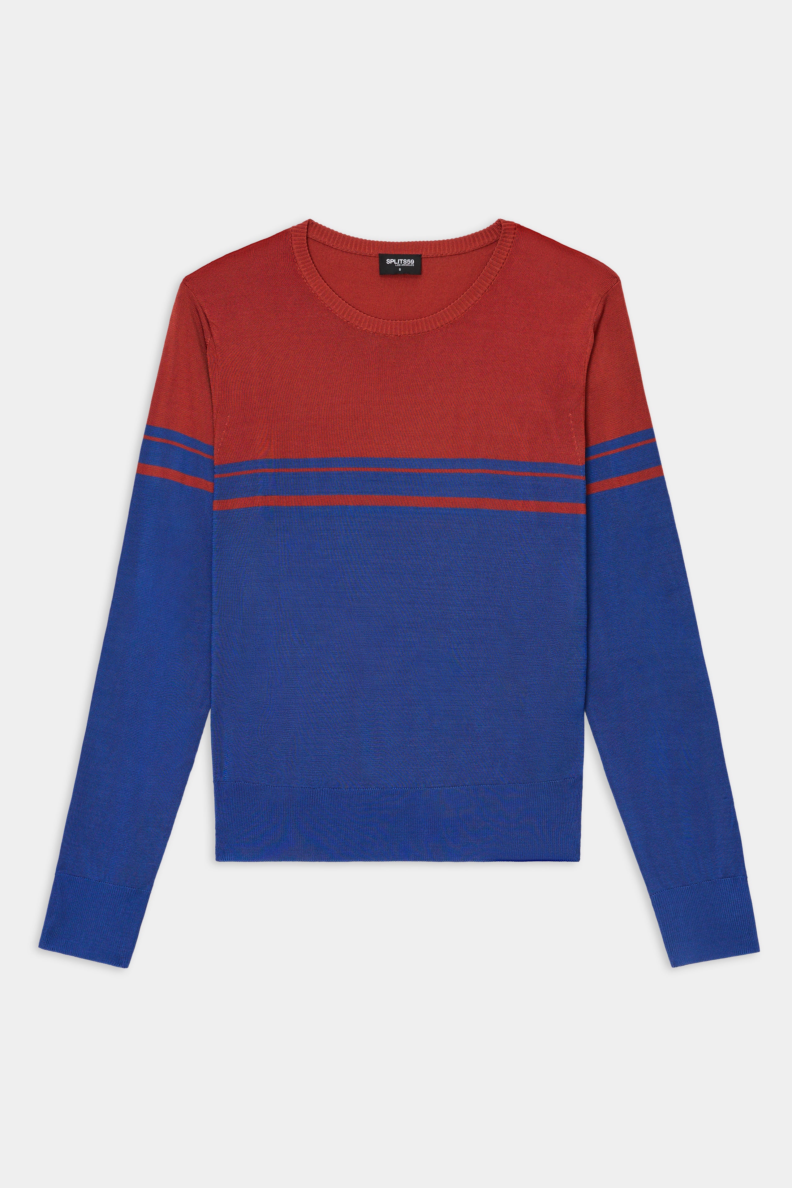 The Anna Knit Pullover - Cobalt/Terracotta by SPLITS59 is a red and blue long-sleeve sweater with two chest and sleeve stripes, shown on a plain white background.