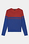 The Anna Knit Pullover - Cobalt/Terracotta by SPLITS59 is a red and blue long-sleeve sweater with two chest and sleeve stripes, shown on a plain white background.