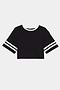 The SPLITS59 Djuna Oversized Crop Jersey Tee - Black/Creme features white collar and sleeve stripes and a stretchy fit, shown laid flat on a white background.
