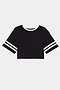 The SPLITS59 Djuna Oversized Crop Jersey Tee - Black/Creme features white collar and sleeve stripes and a stretchy fit, shown laid flat on a white background.