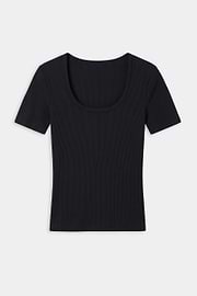 The SPLITS59 Ashby Rib Short Sleeve in Black is a soft modal spandex blend t-shirt with a scoop neck and ribbed texture, shown laid flat on a white background.