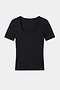 The SPLITS59 Ashby Rib Short Sleeve in Black is a soft modal spandex blend t-shirt with a scoop neck and ribbed texture, shown laid flat on a white background.