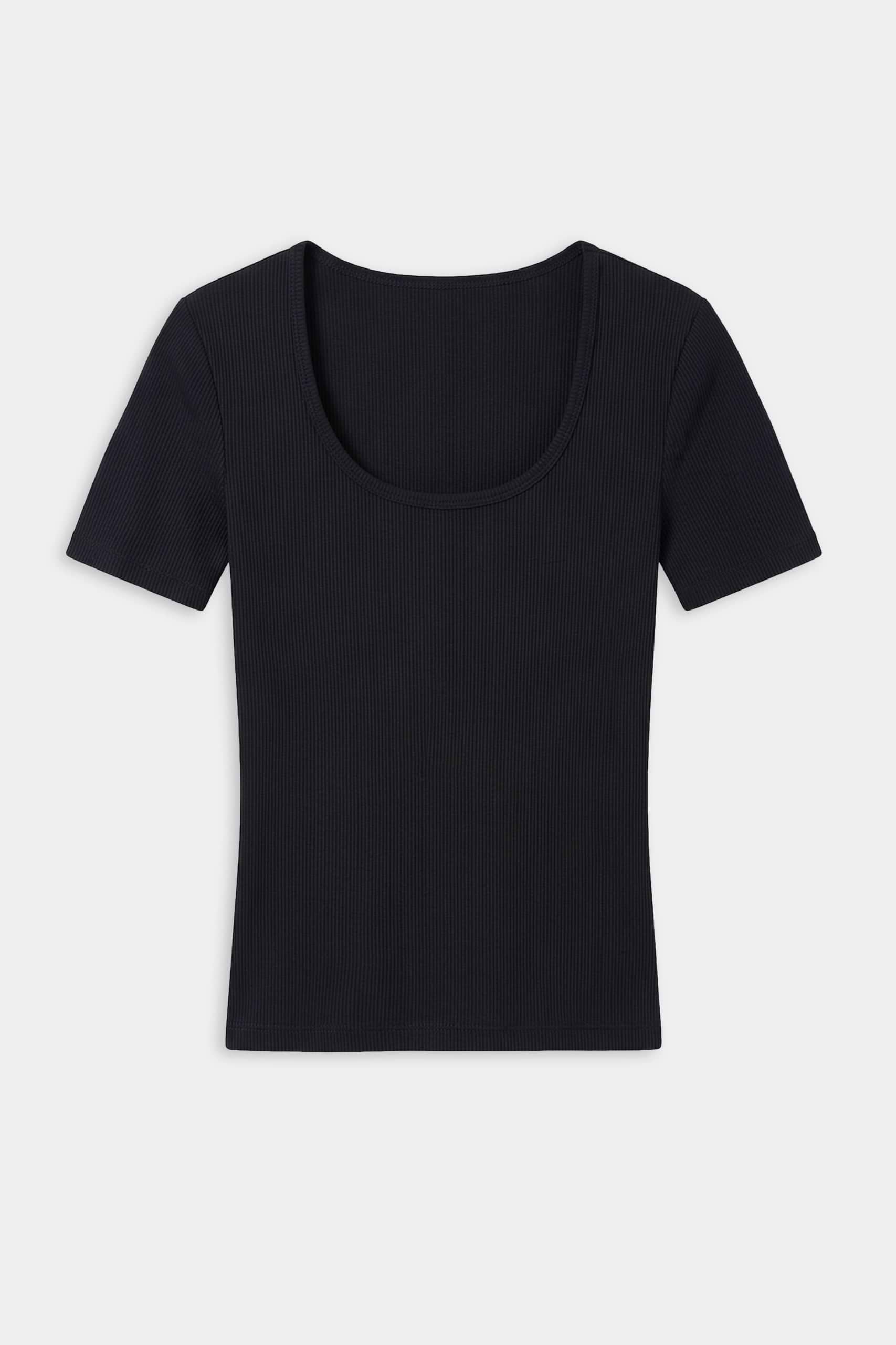 The SPLITS59 Ashby Rib Short Sleeve in Black is a soft modal spandex blend t-shirt with a scoop neck and ribbed texture, shown laid flat on a white background.