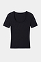 The SPLITS59 Ashby Rib Short Sleeve in Black is a soft modal spandex blend t-shirt with a scoop neck and ribbed texture, shown laid flat on a white background.