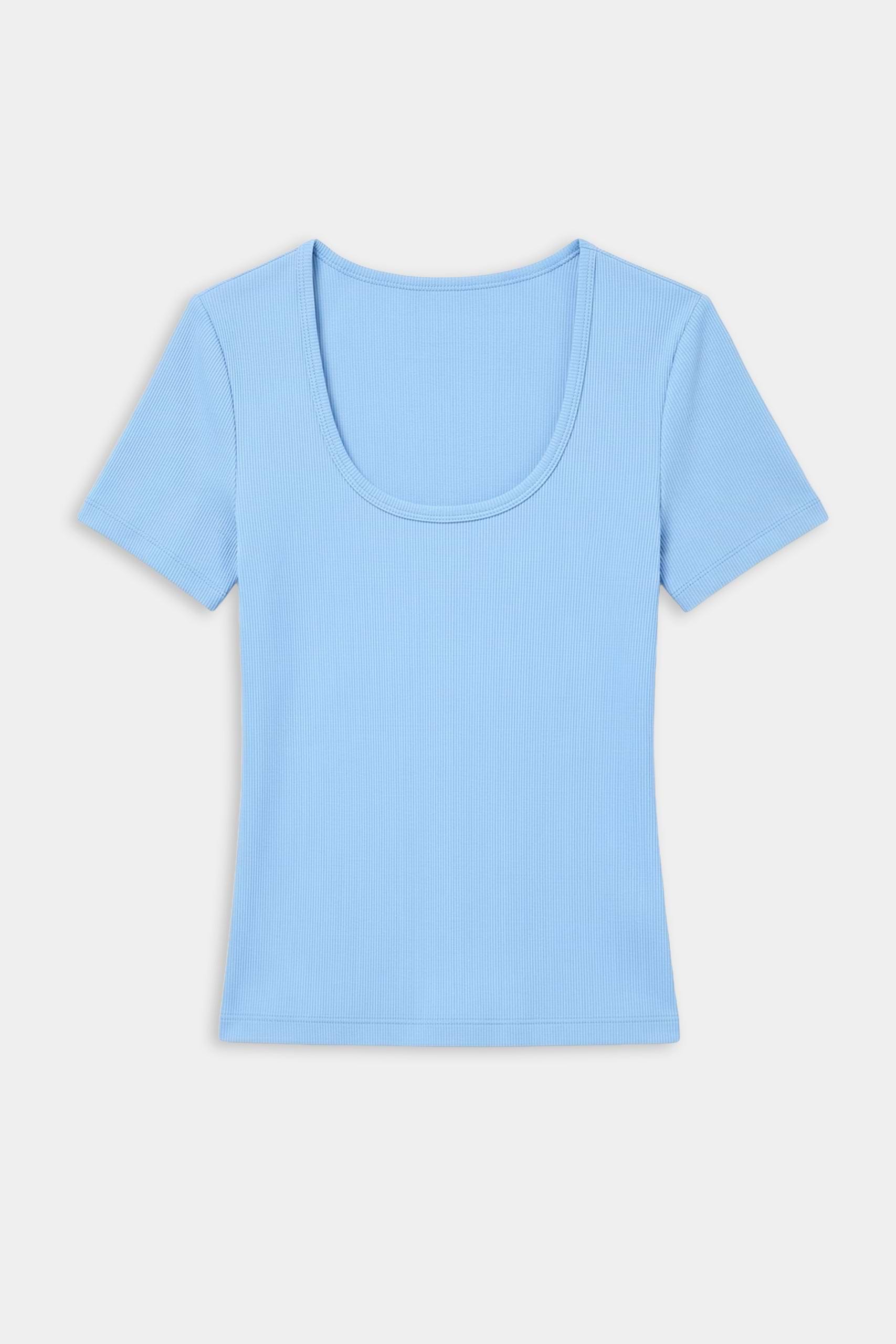 The SPLITS59 Ashby Rib Short Sleeve in Skylight, a light blue modal-spandex tee with rib texture and scoop neck, is shown laid flat on a white background.