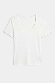 The SPLITS59 Ashby Rib Short Sleeve in white features a scoop neckline and ribbed knit design, crafted from stretchy fabric for comfort, shown laid flat on a white background.