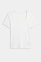 The SPLITS59 Ashby Rib Short Sleeve in white features a scoop neckline and ribbed knit design, crafted from stretchy fabric for comfort, shown laid flat on a white background.