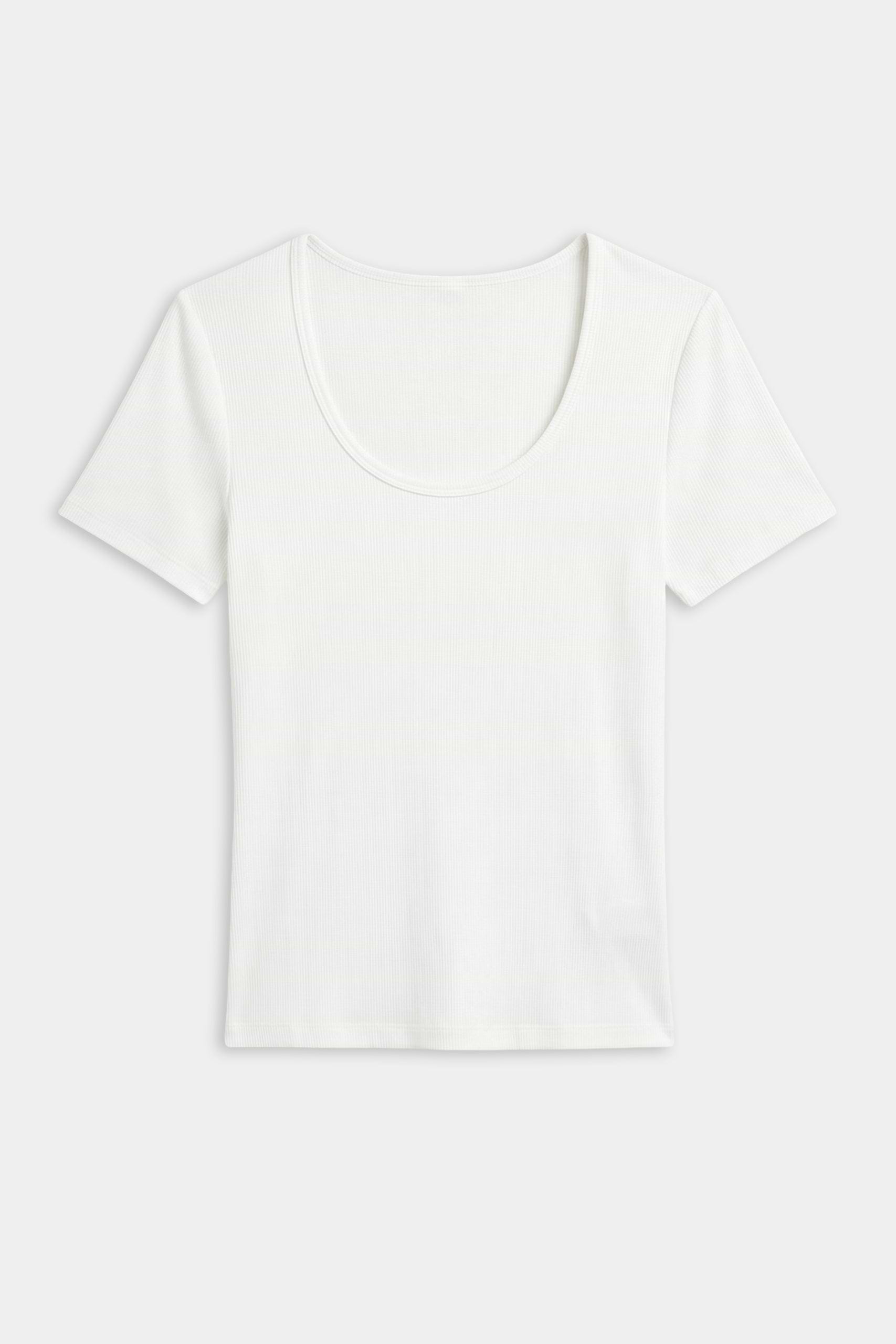The SPLITS59 Ashby Rib Short Sleeve in white features a scoop neckline and ribbed knit design, crafted from stretchy fabric for comfort, shown laid flat on a white background.