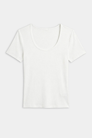 The SPLITS59 Ashby Rib Short Sleeve in white features a scoop neckline and ribbed knit design, crafted from stretchy fabric for comfort, shown laid flat on a white background.