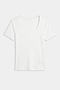 The SPLITS59 Ashby Rib Short Sleeve in white features a scoop neckline and ribbed knit design, crafted from stretchy fabric for comfort, shown laid flat on a white background.