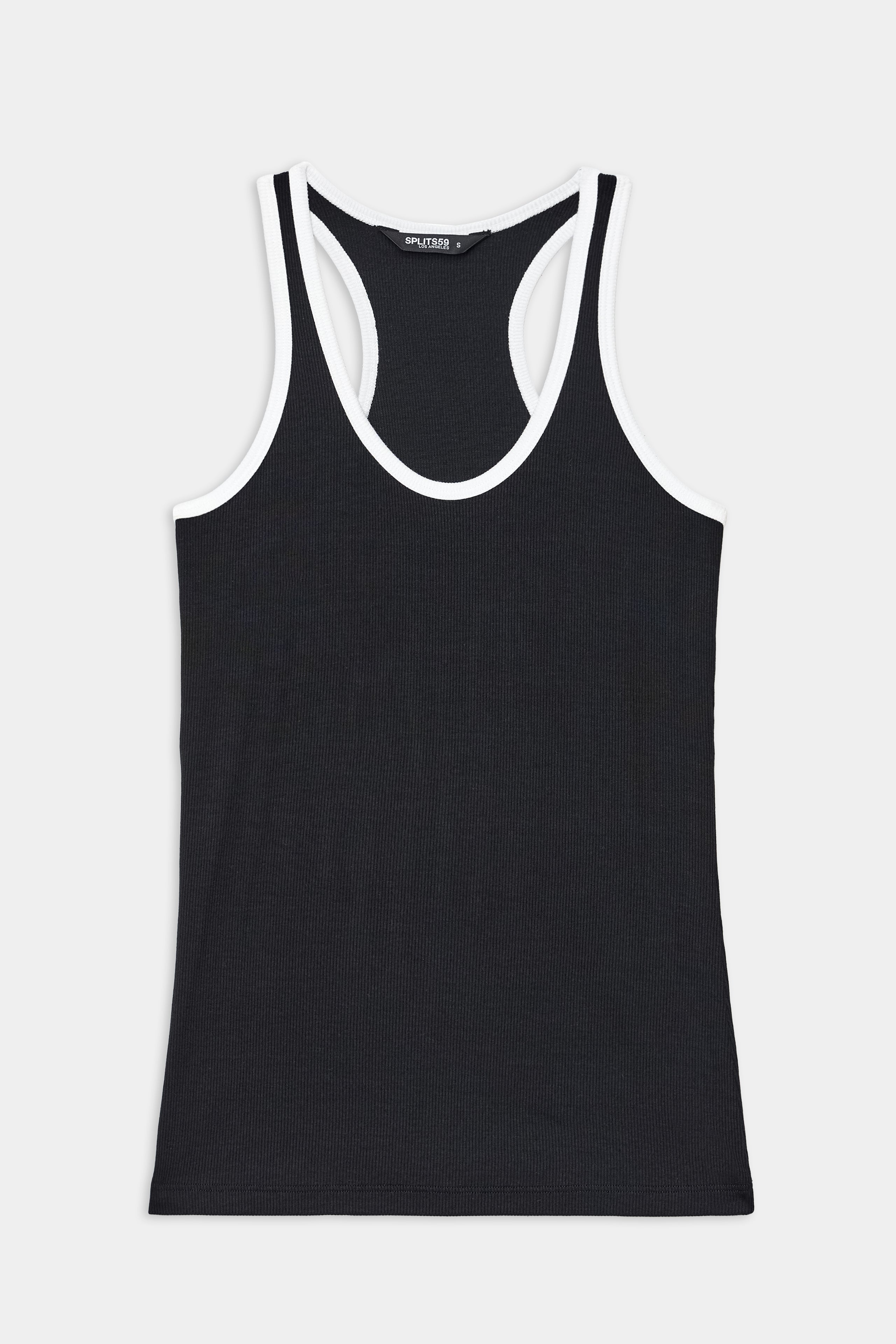 The SPLITS59 Ashby Rib Tank in black with white trim features a racerback design, ideal for yoga or gym workouts, shown flat on a white background.
