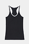 The SPLITS59 Ashby Rib Tank in black with white trim features a racerback design, ideal for yoga or gym workouts, shown flat on a white background.