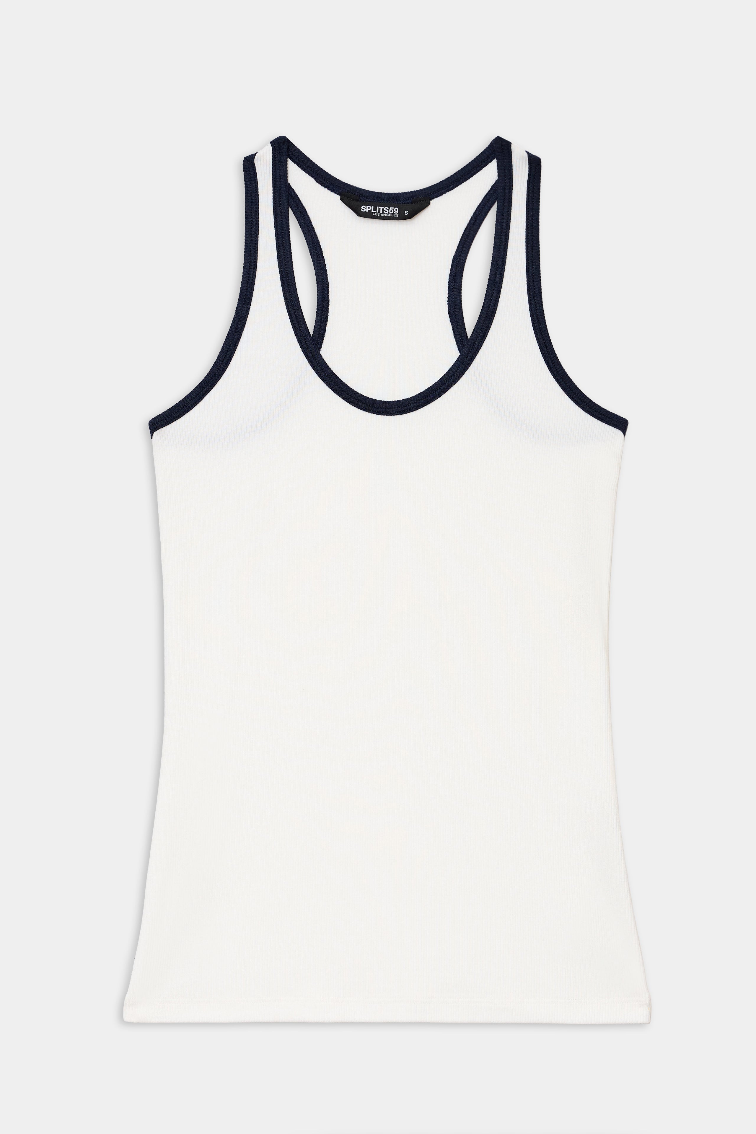 The SPLITS59 Ashby Rib Tank in White/Indigo is a sleeveless workout top featuring indigo trim on the neckline and armholes, made from soft baby rib fabric and displayed flat on a plain background.