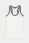 The SPLITS59 Ashby Rib Tank in White/Indigo is a sleeveless workout top featuring indigo trim on the neckline and armholes, made from soft baby rib fabric and displayed flat on a plain background.