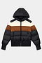 The SPLITS59 Aspen Puffer Jacket - Black/Toffee features a hood, black/brown/beige color blocks, front zipper, durable nylon body, and warm white duck down fill.