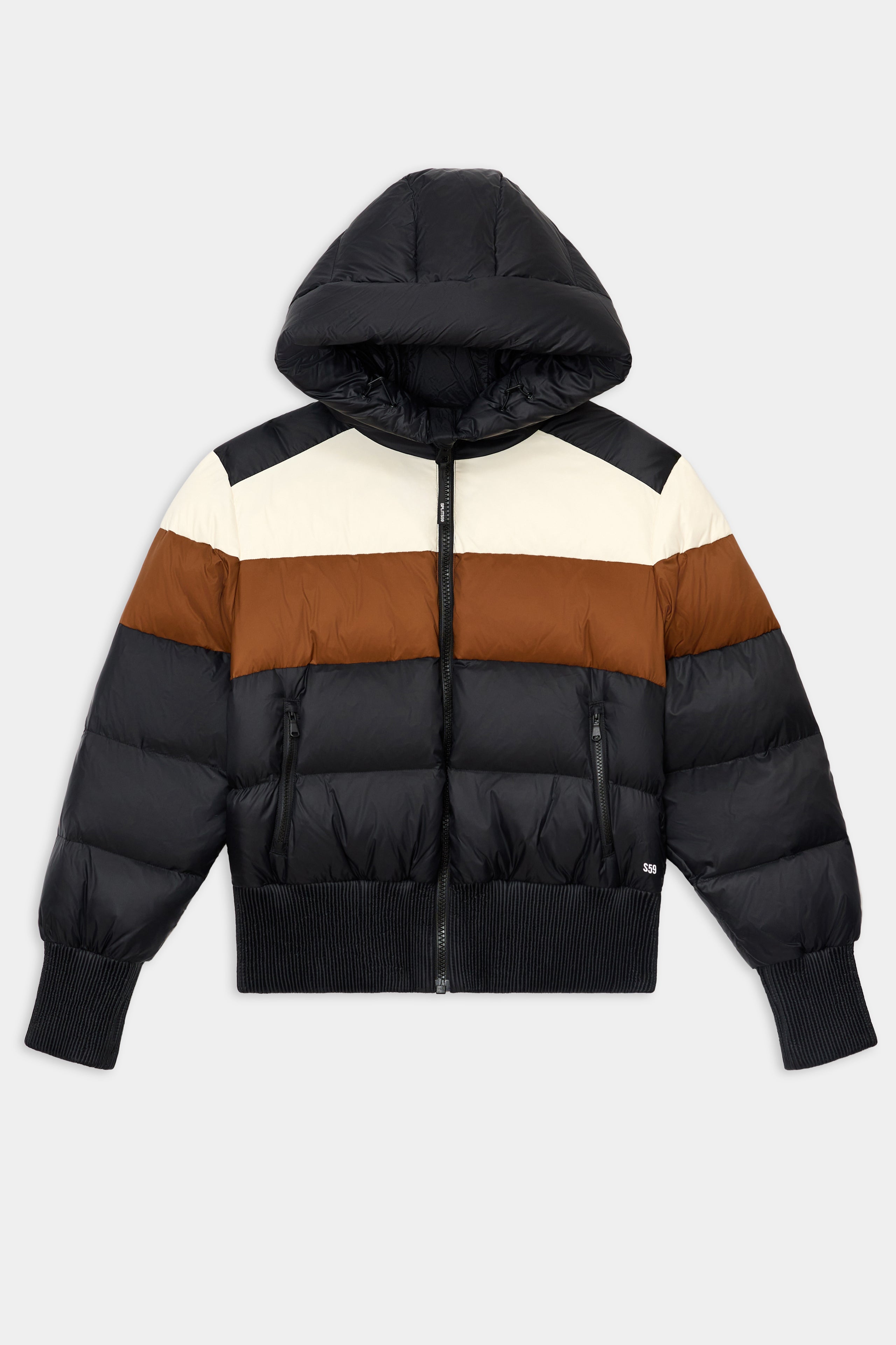 The SPLITS59 Aspen Puffer Jacket - Black/Toffee features a hood, black/brown/beige color blocks, front zipper, durable nylon body, and warm white duck down fill.