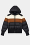 The SPLITS59 Aspen Puffer Jacket - Black/Toffee features a hood, black/brown/beige color blocks, front zipper, durable nylon body, and warm white duck down fill.