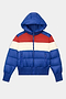 Stay warm in the Aspen Puffer Jacket - Cobalt/Creme by SPLITS59, featuring a nylon body, hood, red and white chest stripes, front zipper, and dual zippered pockets.