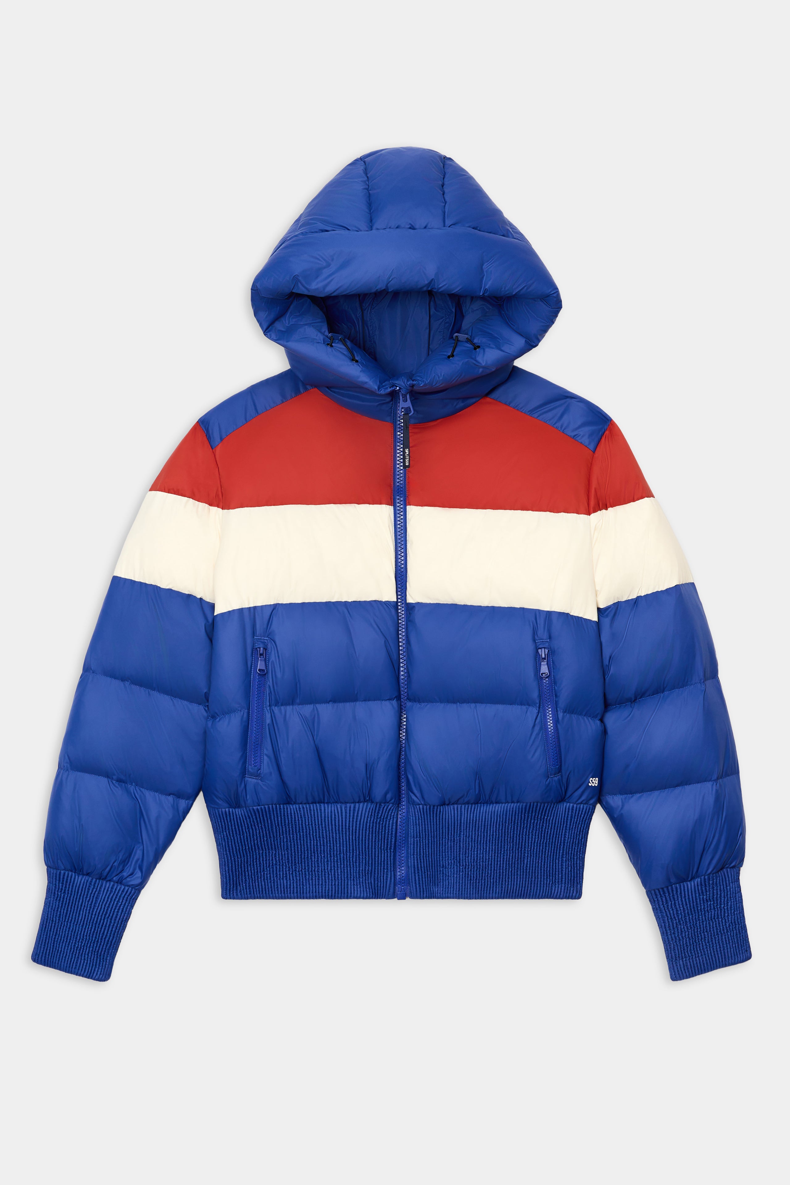 Stay warm in the Aspen Puffer Jacket - Cobalt/Creme by SPLITS59, featuring a nylon body, hood, red and white chest stripes, front zipper, and dual zippered pockets.