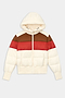 The SPLITS59 Aspen Puffer Jacket - Creme/Terracotta features a nylon body, colorful stripes, front zipper, two zip pockets, and ribbed cuffs and hem, shown laid flat.