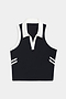 The SPLITS59 Austin Airweight Crop Polo is a sleeveless black top with a white collar, V-neck, and two white stripes near the hem on each side.