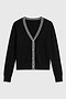 The SPLITS59 Bekah Knit Cardigan - Black/White features long sleeves and white striped trim along the V-neckline, front, and hem for a luxe, effortless style.