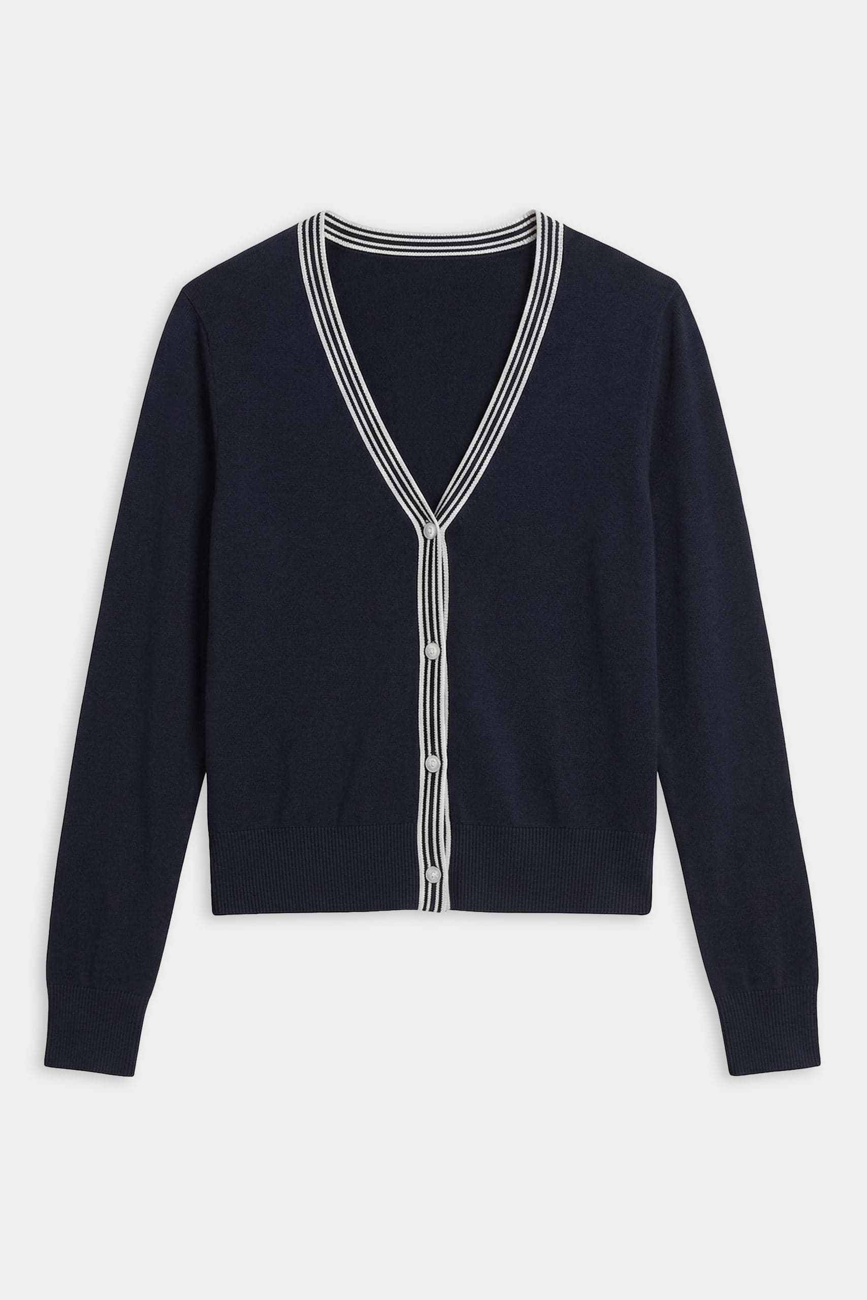 The SPLITS59 Bekah Knit Cardigan in Indigo/White features a V-neck and white striped trim along the neckline, button placket, and hem for a touch of effortless style.