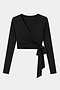 The SPLITS59 Bella Airweight Lite Wrap in black features long sleeves, a V-neckline, and a side tie, made from a soft nylon-spandex blend. Displayed on a light background.