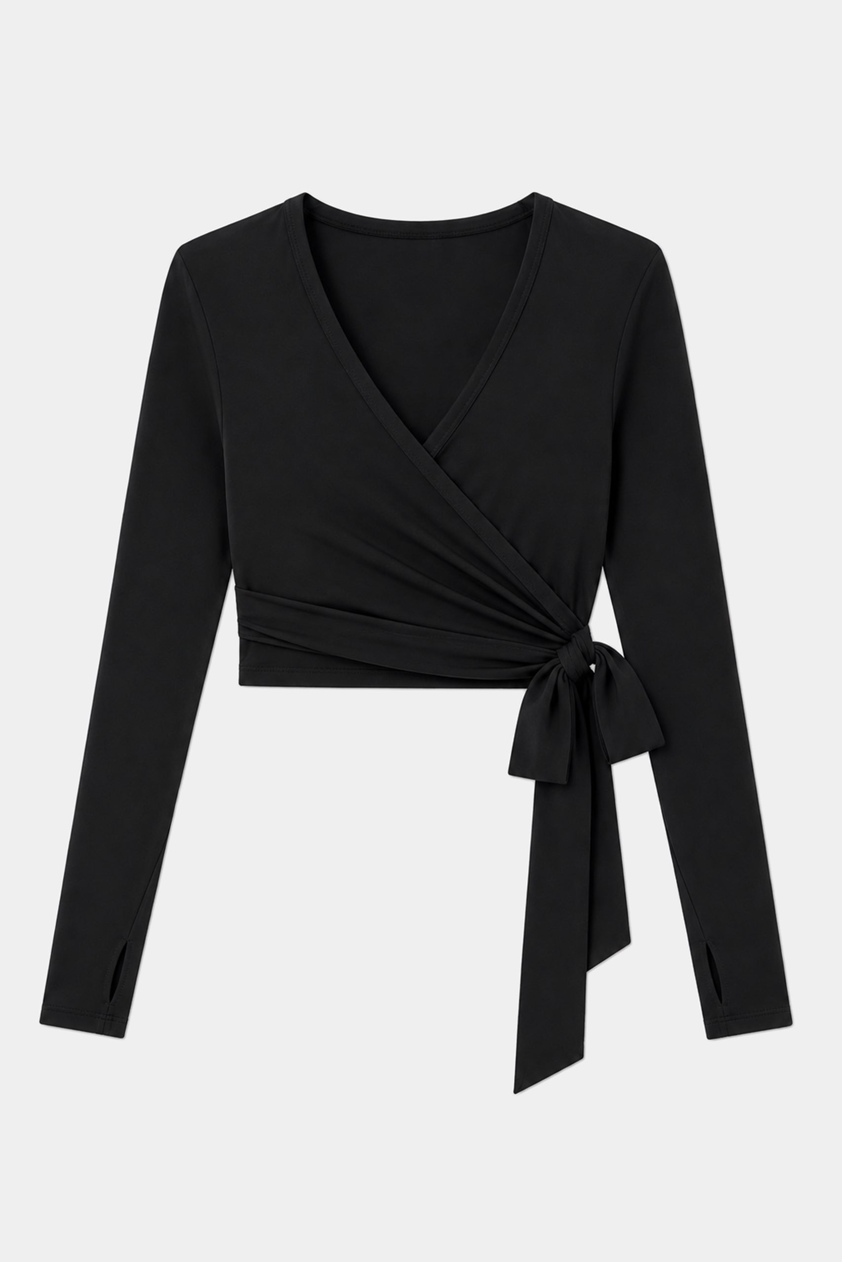 The SPLITS59 Bella Airweight Lite Wrap in black features long sleeves, a V-neckline, and a side tie, made from a soft nylon-spandex blend. Displayed on a light background.
