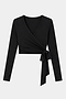 The SPLITS59 Bella Airweight Lite Wrap in black features long sleeves, a V-neckline, and a side tie, made from a soft nylon-spandex blend. Displayed on a light background.