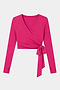The SPLITS59 Bella Airweight Lite Wrap in Sangria is a long-sleeve, bright pink crop top with a V-neck and side tie, crafted from a soft nylon-spandex blend and shown on a plain white background.
