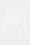 The SPLITS59 Bella Airweight Lite Wrap in white is a long-sleeve V-neck top made from a soft spandex-nylon blend with a side tie detail, shown on a plain light background.