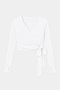 The SPLITS59 Bella Airweight Lite Wrap in white is a long-sleeve V-neck top made from a soft spandex-nylon blend with a side tie detail, shown on a plain light background.
