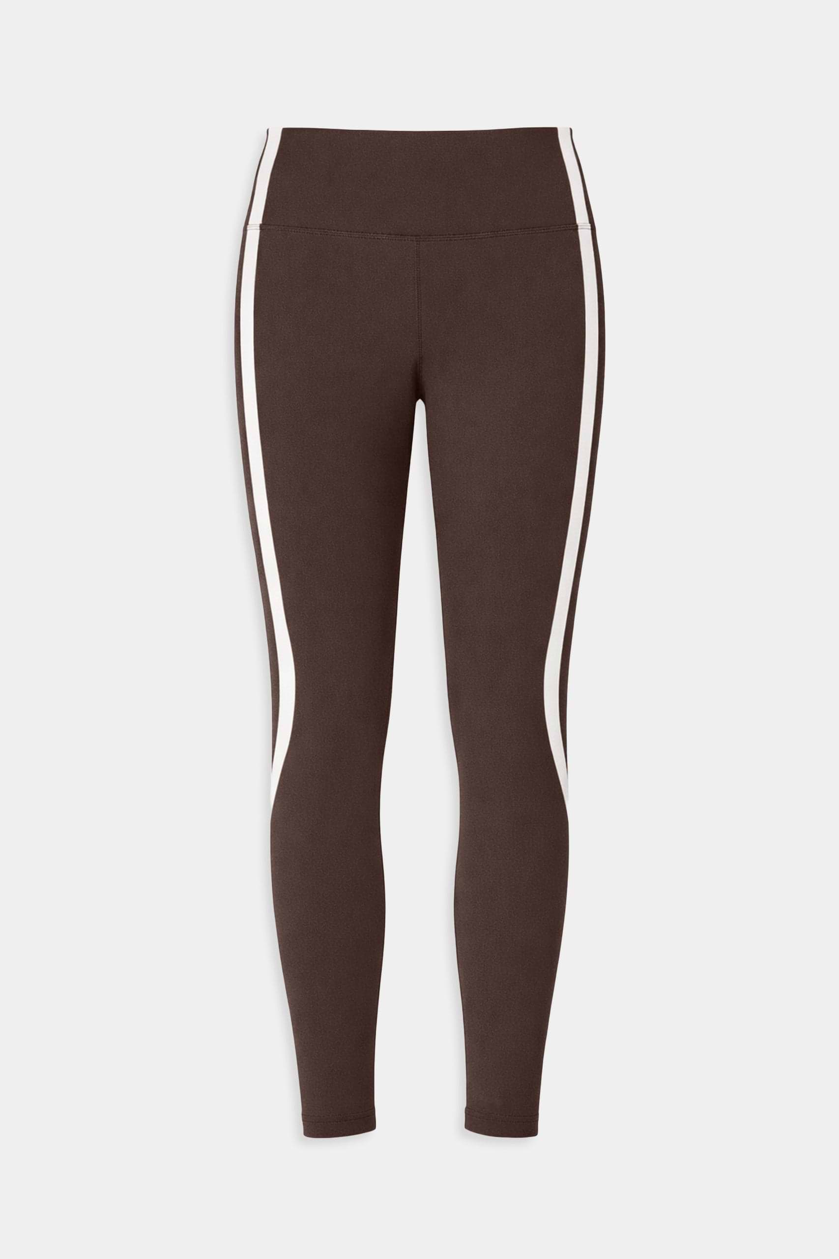 SPLITS59 Bianca High Waist Rigor 7/8 leggings in Dark Chocolate/White, made from a spandex-nylon blend with white curved side stripes, are shown flat on a plain white background.