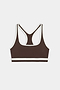 The SPLITS59 Bianca Rigor Bra in Dark Chocolate/White features a racerback design with white trim, made from stretchy nylon spandex, displayed on a white background.