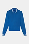 The SPLITS59 Bonnie Knit Half Zip in Classic Blue/White is a royal blue long-sleeve sweater made from a soft fabric blend, featuring a zip collar and white-striped cuffs and collar, shown laid flat against a white background.