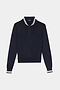 The SPLITS59 Bonnie Knit Half Zip in Indigo/White is a long-sleeve pullover crafted from a soft rayon and nylon blend, featuring a quarter-zip closure and white-striped ribbed collar and cuffs, displayed laid flat on a white background.