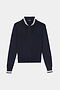 The SPLITS59 Bonnie Knit Half Zip in Indigo/White is a long-sleeve pullover crafted from a soft rayon and nylon blend, featuring a quarter-zip closure and white-striped ribbed collar and cuffs, displayed laid flat on a white background.