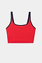 The SPLITS59 Cait Rigor Bralette in Pirate Red/Indigo features navy straps and trim, crafted from a nylon-spandex blend, and is shown on a plain white background.